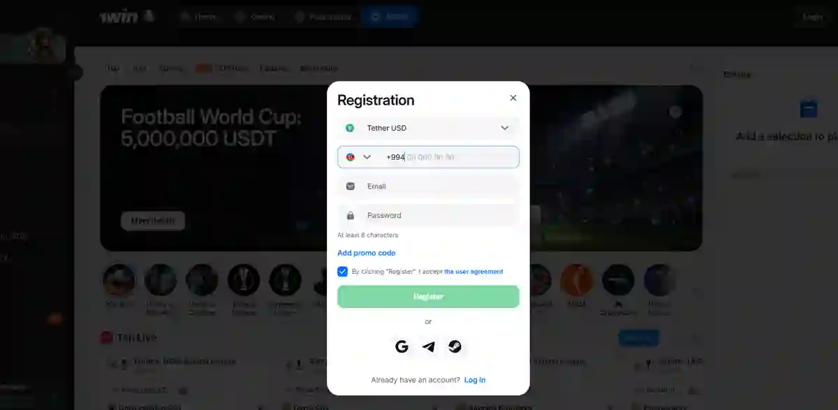 1win registration form screenshot