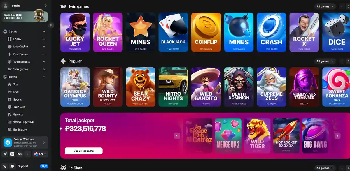 1win popular slots lobby screenshot